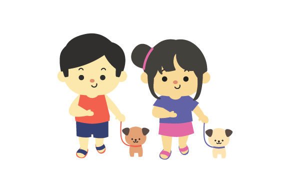 Asian Boy and Girl Walking the Dog
