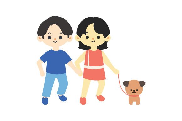 Asian Man and Woman Walking the Dog