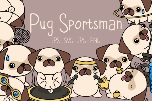 Cute Pugs Sportsman, Kawaii Dogs Art