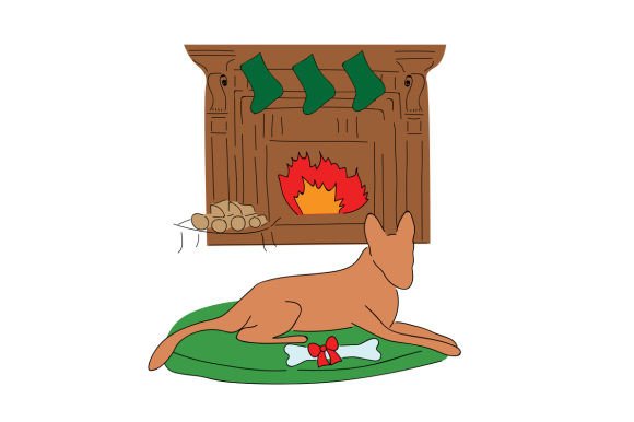 Dog with Bone Laying by the Fireplace