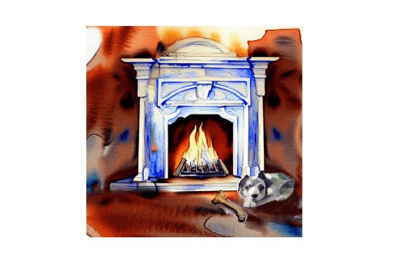 Dog with Bone Laying by the Fireplace Watercolor Review