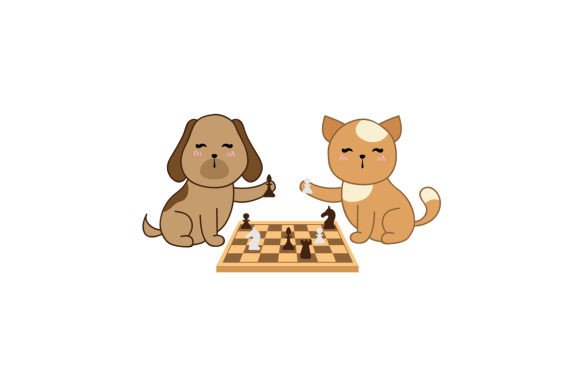 Funny Dog Cat Playing Chess, Cartoon