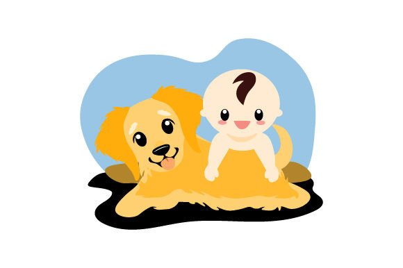 Little Baby with Golden Retriever Dog